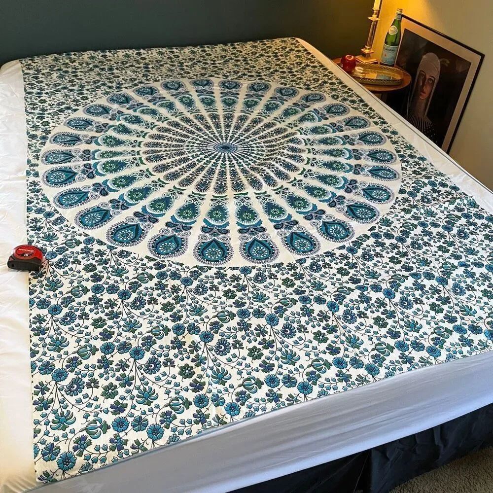 VTG Blue Green Mandala Cotton Tablecloth 82x53 Boho Maximalist Floral NWOT